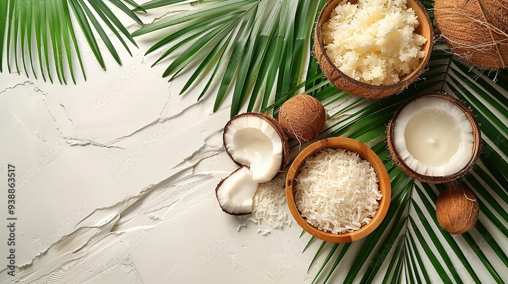 Flat lay of coconut oil hand cream, a halved coconut, grated coconut in a bowl, and a tropical palm leaf on a white background, showcasing a spa natural organic cosmetic for hand skincare.