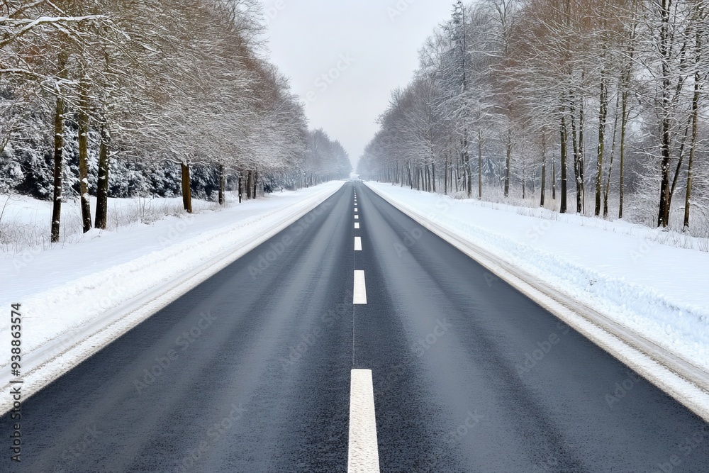 A snowy highway in the mountains, with trees on both sides of it A snowy highway in the mountains, with trees on both sides of it