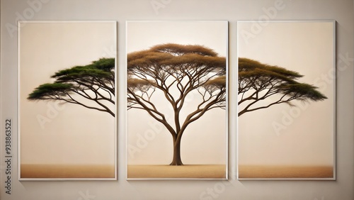 set of three vertical poster, minimalist  large old tree and oil painting wall deco