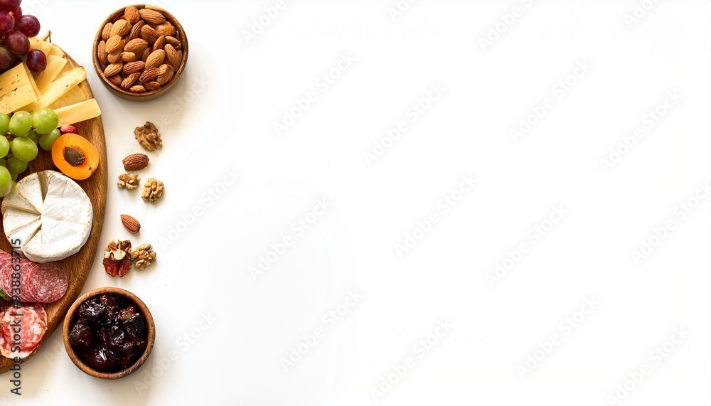 Top view of a gourmet fancy charcuterie board isolated on panoramic white background, assortment of yummy food with cheese bites, nuts and fruits, antipasti and tapas snack party web banner Top view of a gourmet fancy charcuterie board isolated on panoramic white background, assortment of yummy food with cheese bites, nuts and fruits, antipasti and tapas snack party web banner