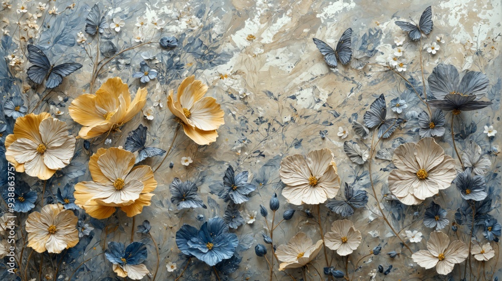 Fototapeta premium Painting group flowers butterflies textured background are vario