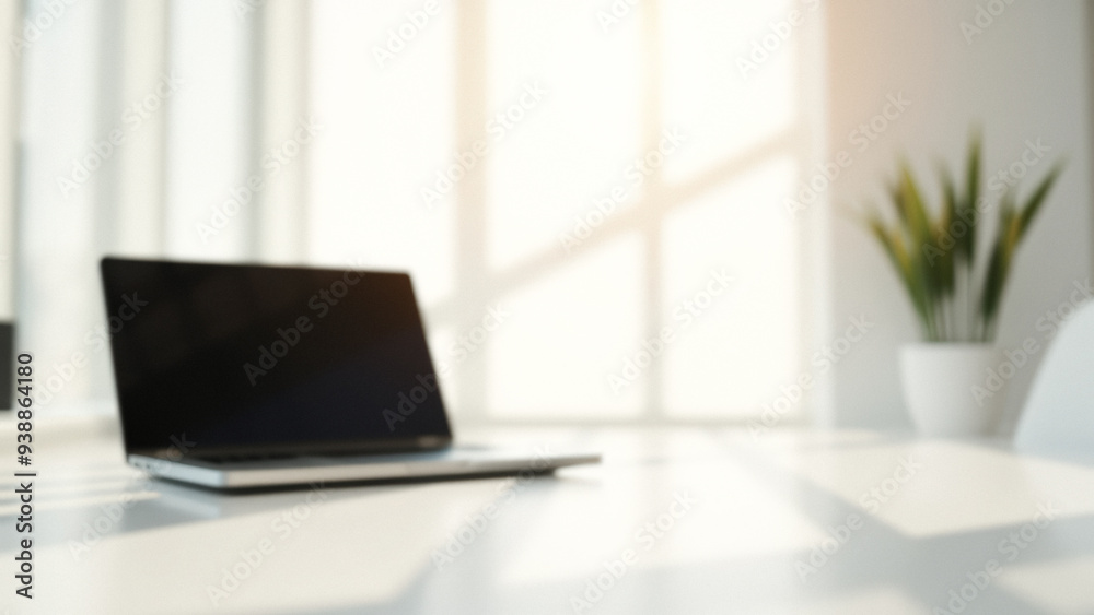 Fototapeta premium Blurred Laptop on Desk with Sunlight Streaming in