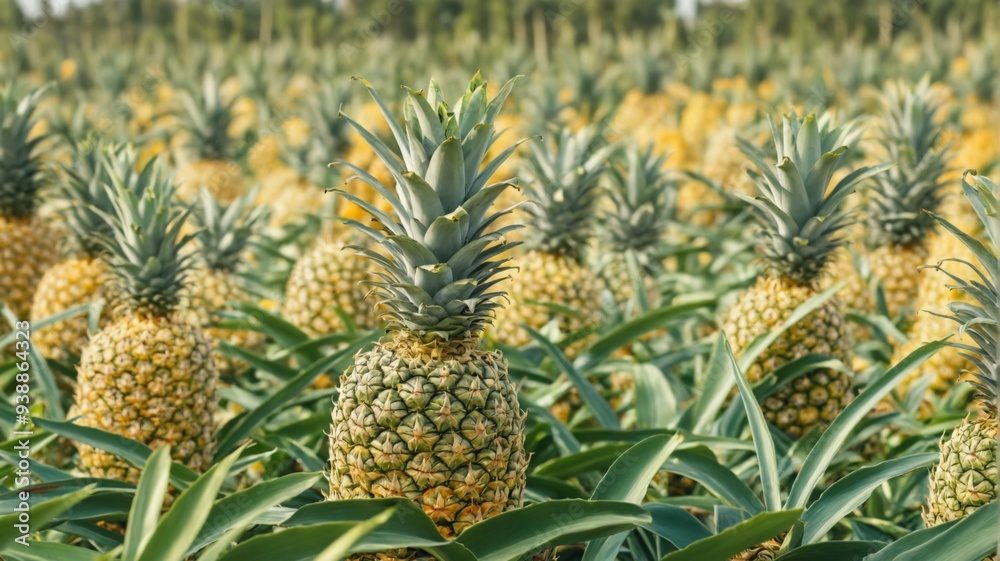 Field pineapples is densely packed rows pineapple plants Fresh p Field pineapples is densely packed rows pineapple plants Fresh p