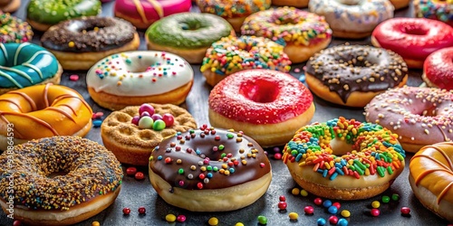 Colorful and delicious assortment of donuts with various flavors and toppings including sprinkles, icing, and frosting