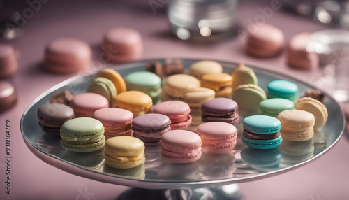 A beautifully arranged dessert platter featuring delicate macarons, colorful petit fours