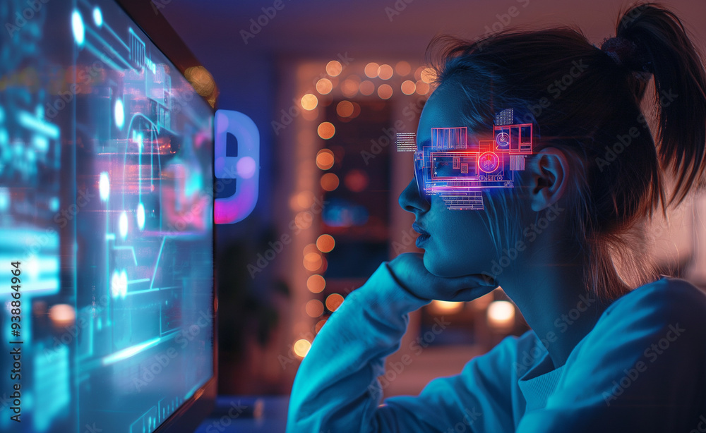 A woman wearing augmented reality glasses and interacting with a futuristic interface. A woman wearing augmented reality glasses and interacting with a futuristic interface.
