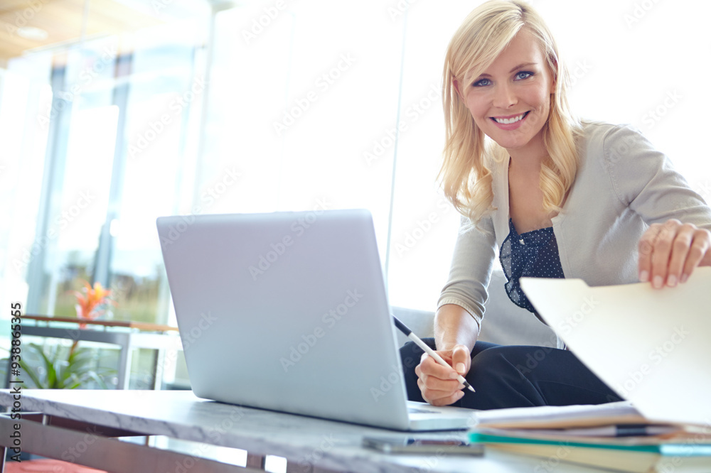 Documents, portrait and writing with business woman at desk in office for administration or planning. Laptop, research and smile with happy employee in professional workplace for agenda or schedule Documents, portrait and writing with business woman at desk in office for administration or planning. Laptop, research and smile with happy employee in professional workplace for agenda or schedule