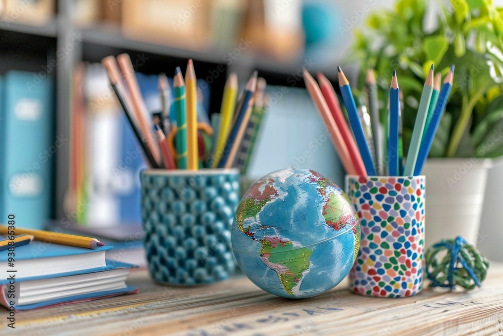Classroom Desk Adorned with School Supplies and Globe Classroom Desk Adorned with School Supplies and Globe