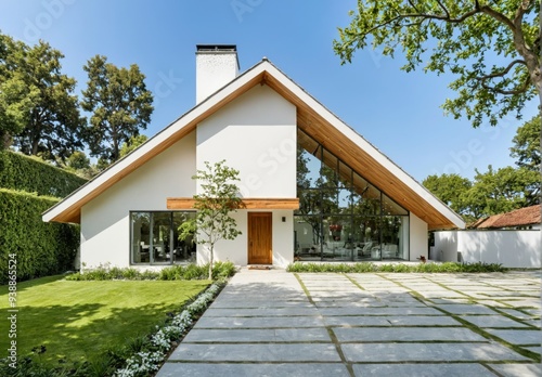 Modern two-story house unique design has white exterior the fron photo