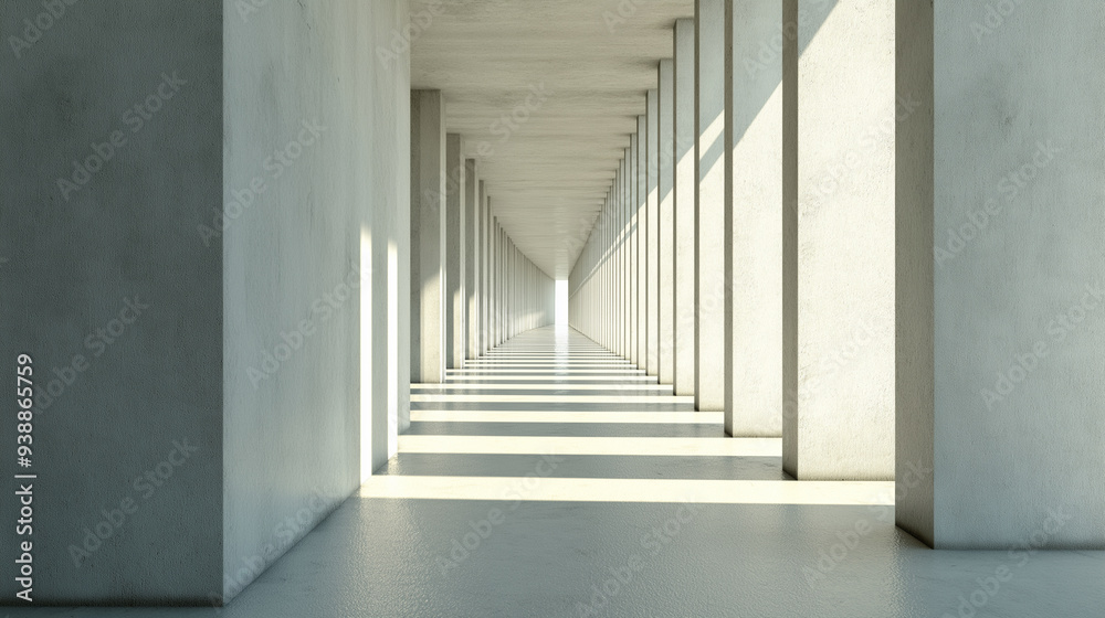 Fototapeta premium A minimalistic hallway with tall pillars casting long shadows.