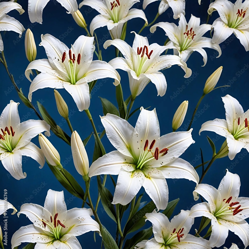 Obraz premium buds of white lilies and blooming flowers on a blue background