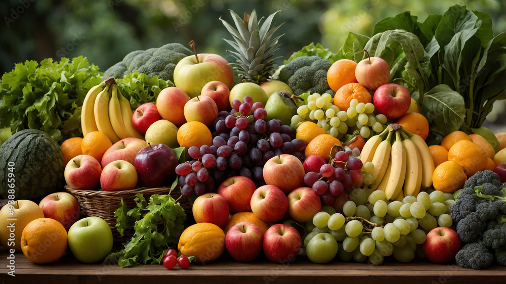 A vibrant selection of fresh fruits and vegetables arranged on a wooden surface with a natural background. A vibrant selection of fresh fruits and vegetables arranged on a wooden surface with a natural background.