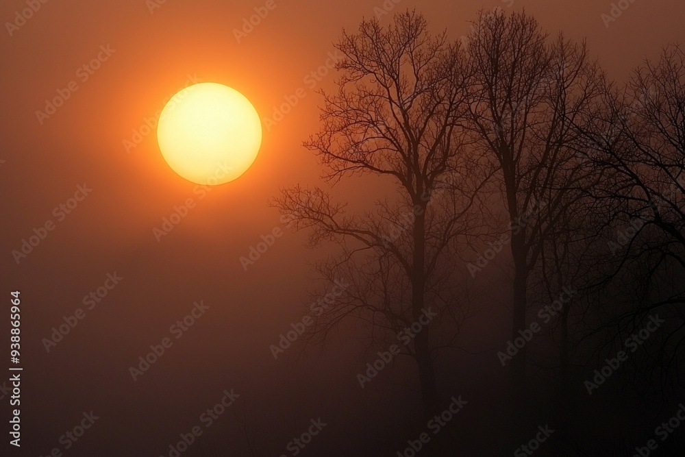 Fototapeta premium The rising sun as seen through dense fog, with trees appearing ghostly in the background. 