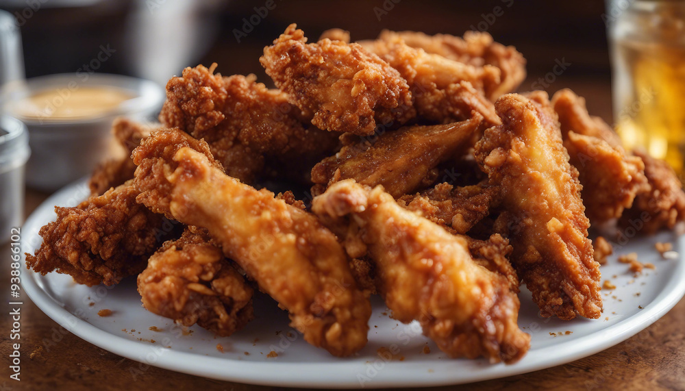 A close-up of a platter of crispy fried chicken wings, each piece coated in a crunchy, golden-brown A close-up of a platter of crispy fried chicken wings, each piece coated in a crunchy, golden-brown