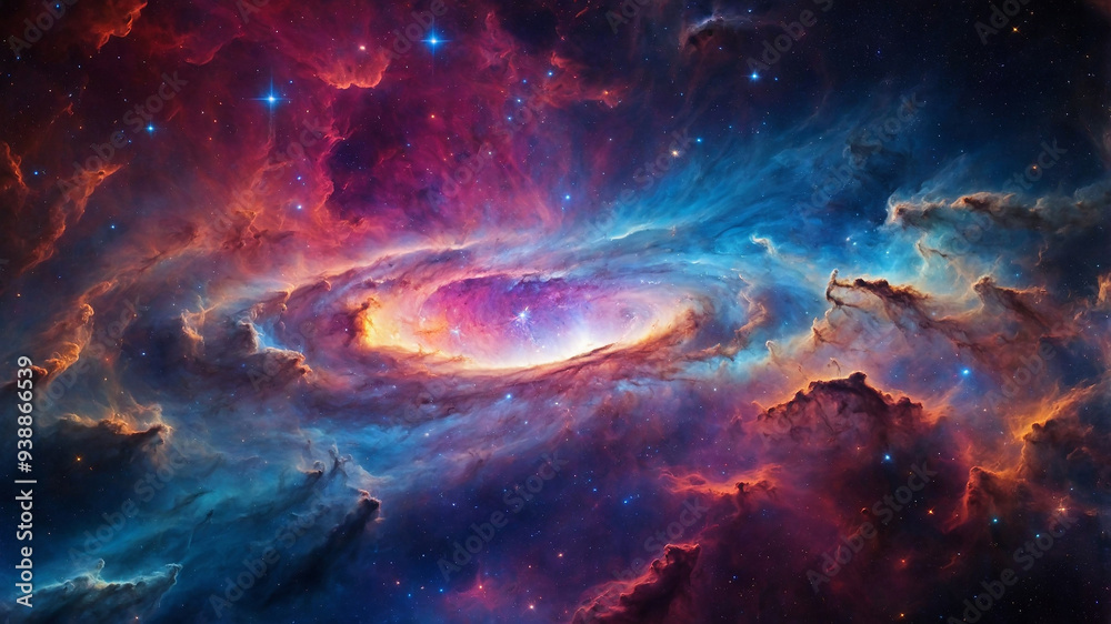 Fototapeta premium Colorful cosmic nebula with swirling gases and bright stars, representing a deep space phenomenon.