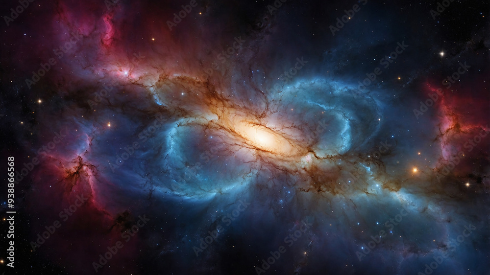 Fototapeta premium Colorful cosmic nebula with swirling gases and bright stars, representing a deep space phenomenon.
