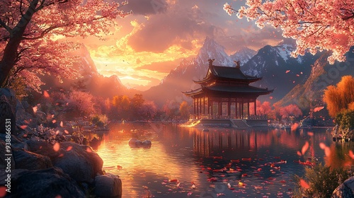 A serene Chinese garden with a traditional pavilion, cherry blossoms, and koi ponds, surrounded by towering mountains and a golden sunset