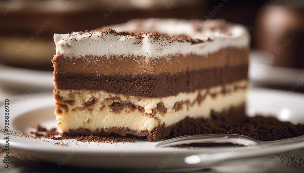 A close-up of a slice of tiramisu, showcasing the distinct layers of mascarpone cream, coffee-soaked A close-up of a slice of tiramisu, showcasing the distinct layers of mascarpone cream, coffee-soaked