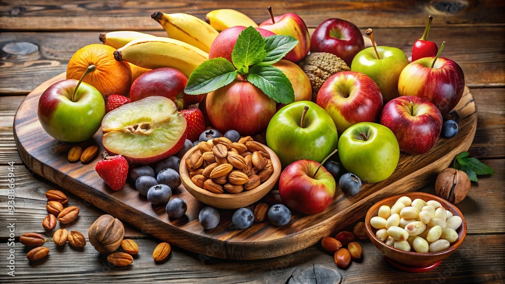 Assortment of fresh fruit and nuts, including apples, bananas, grapes, walnuts, and almonds, artfully arranged on a rustic wooden table or platter. Assortment of fresh fruit and nuts, including apples, bananas, grapes, walnuts, and almonds, artfully arranged on a rustic wooden table or platter.