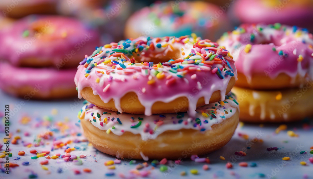A close-up of a stack of colorful donuts, each topped with a thick layer of icing and a generous A close-up of a stack of colorful donuts, each topped with a thick layer of icing and a generous
