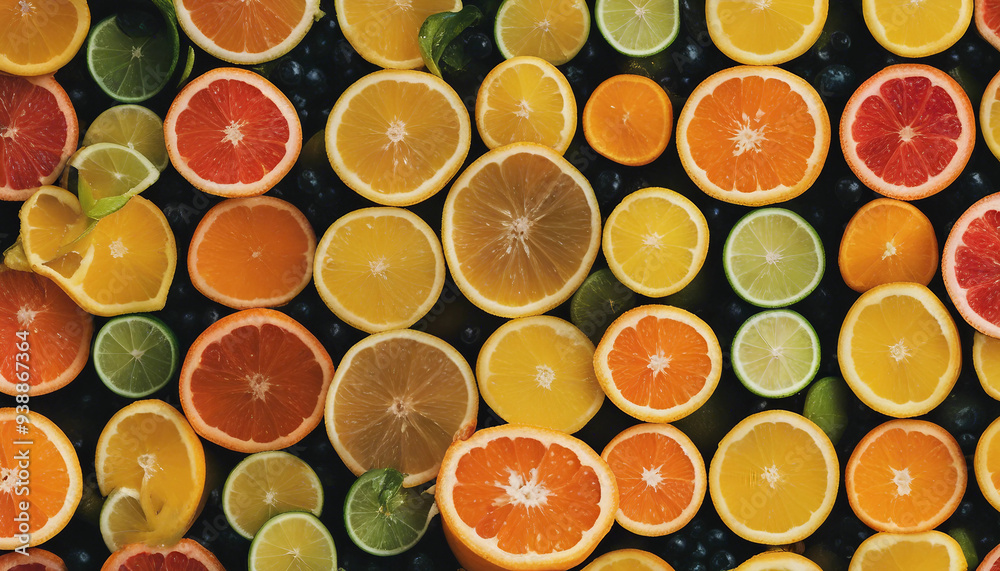 A close-up of a variety of citrus slices lemons, limes, oranges, and grapefruits arranged in a circus A close-up of a variety of citrus slices lemons, limes, oranges, and grapefruits arranged in a circus