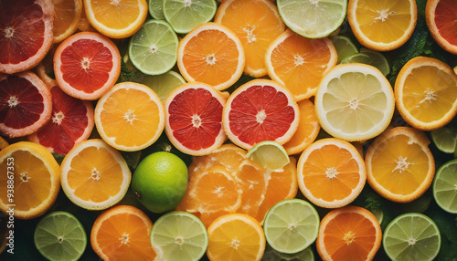 A close-up of a variety of citrus slices lemons, limes, oranges, and grapefruits arranged in a circus