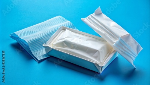 A sterile package of antibacterial medical wipes lies open on a blue background, with several folded wipes partially pulled out, ready for use. photo