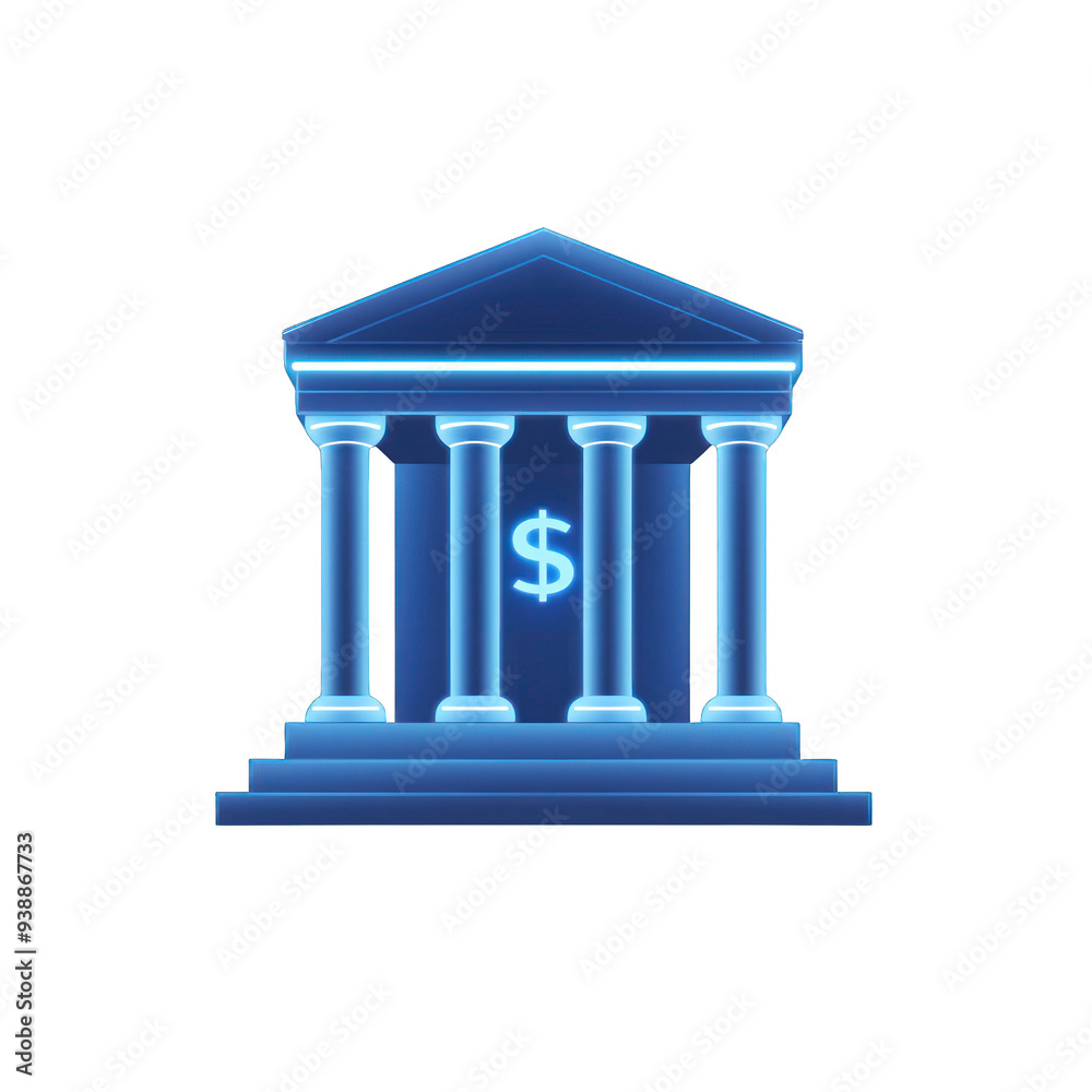 Neon blue icon of a bank with dollar symbol representing financial institution, money management, and economic security. transparent background Neon blue icon of a bank with dollar symbol representing financial institution, money management, and economic security. transparent background
