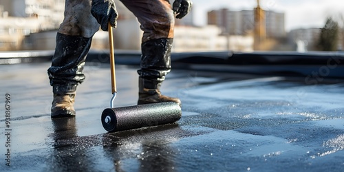 Using a roller brush to apply a waterproof coating to a rooftop