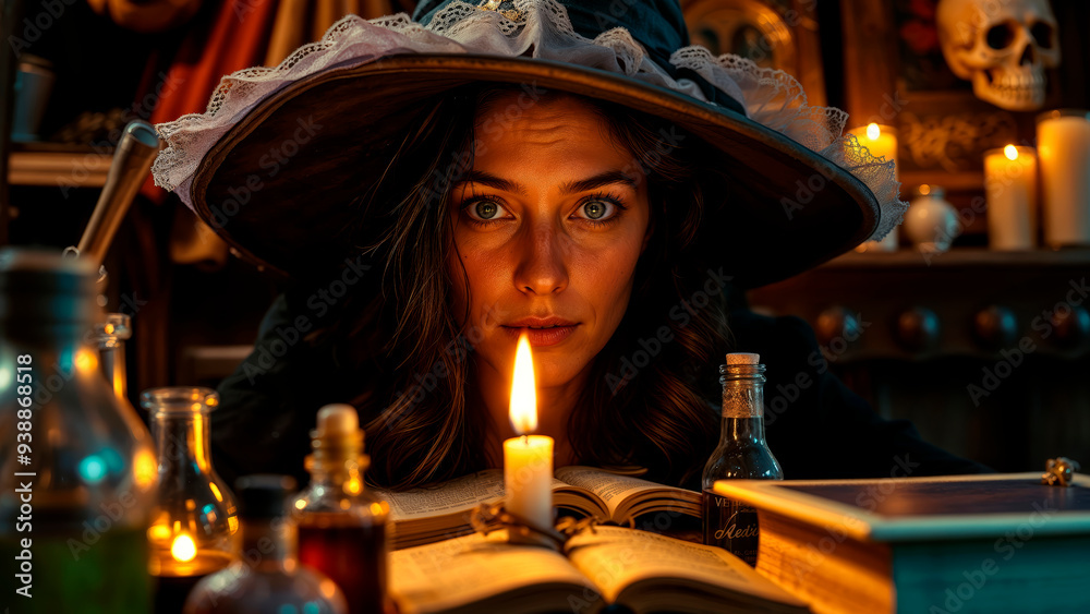 Halloween. Beautiful young witch casts a spell on Halloween Halloween. Beautiful young witch casts a spell on Halloween