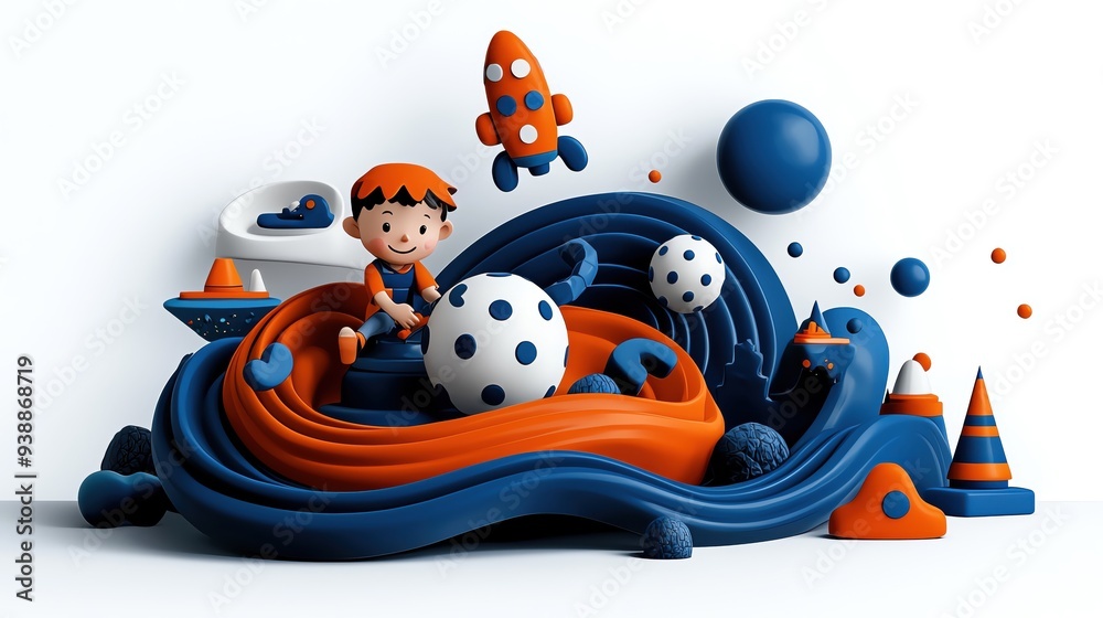 Colorful 3D playful scene featuring a child with toys, rockets, and waves in vibrant orange and blue tones. Colorful 3D playful scene featuring a child with toys, rockets, and waves in vibrant orange and blue tones.
