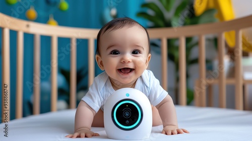 A happy baby crawling in a crib with a smart monitor, showcasing joy and technology in a nurturing environment.