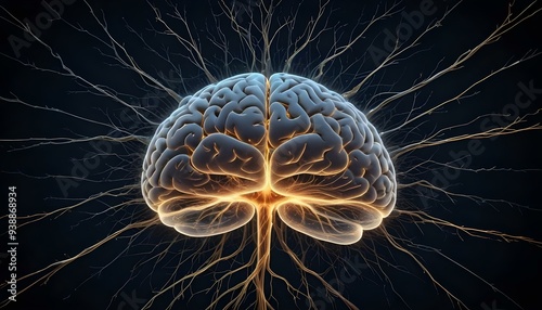 A image of a 3d rendered illustration of a electronic metal human brain with neon growing lightning