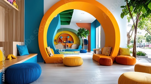 Vibrant modern interior with colorful arches, cozy seating, and lush greenery. Perfect for playful and creative design inspiration.