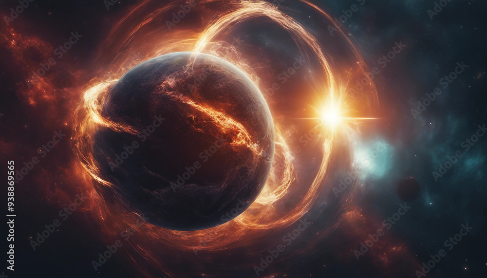 A dramatic cosmic scene of a planet with glowing rings being engulfed by a burst of bright energy