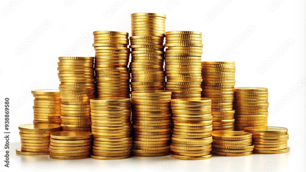A Towering Stack Of Golden Coins With An Isolated Background, Symbolizing Financial Wealth And Abundance. A Towering Stack Of Golden Coins With An Isolated Background, Symbolizing Financial Wealth And Abundance.