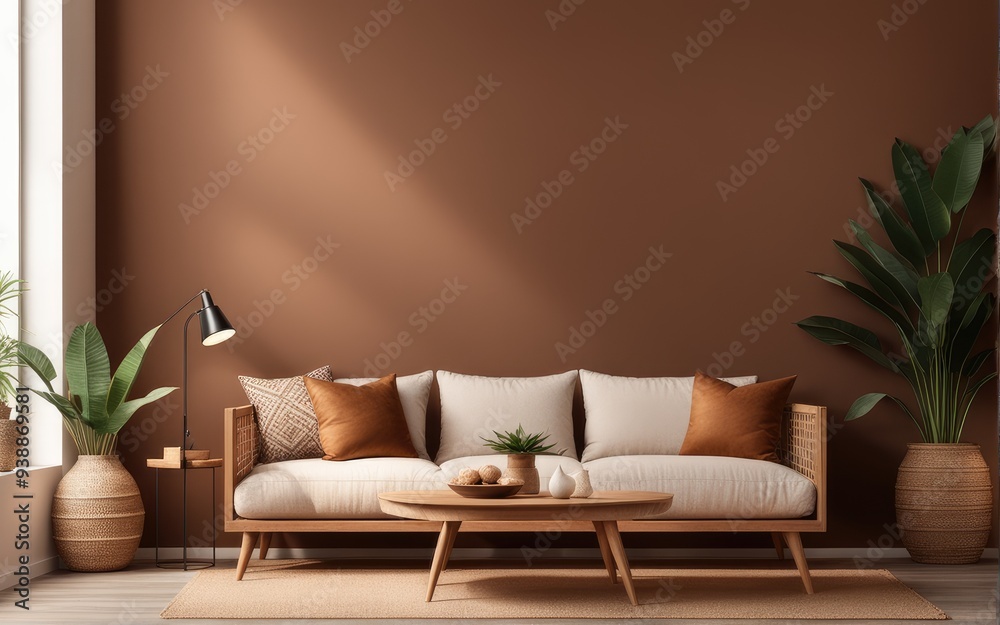 Cozy home interior with wooden furniture on brown background, empty wall mockup in boho decoration, 3d render Cozy home interior with wooden furniture on brown background, empty wall mockup in boho decoration, 3d render