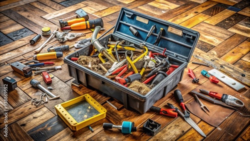 A toolbox overflowing with assorted gadgets and tools lies on a worn wooden floor amidst scattered debris, awaiting the next phase of property renovation. photo