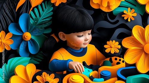 A vibrant scene of a child playing with colorful toys surrounded by flowers, showcasing creativity and joy in playtime.