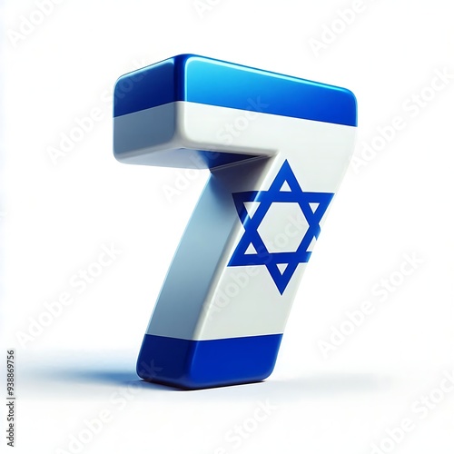 A blue and white number 7 with a Star of David on it isolated on white background