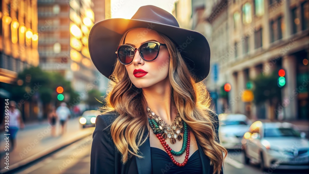 Attractive female model showcasing elegant style, wearing trendy jewelry, hat, and sunglasses, posing confidently against a vibrant city street background. Attractive female model showcasing elegant style, wearing trendy jewelry, hat, and sunglasses, posing confidently against a vibrant city street background.