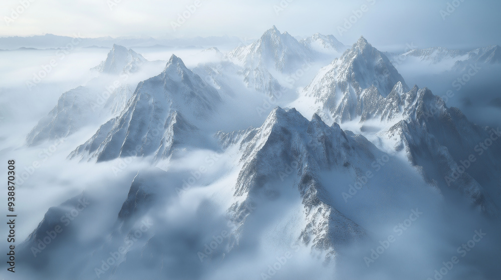 A breathtaking view of snow-covered mountain peaks emerging through clouds. A breathtaking view of snow-covered mountain peaks emerging through clouds.