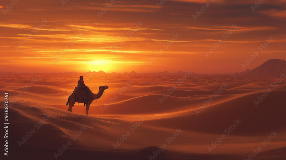 A lone camel rider silhouetted against a stunning desert sunset. A lone camel rider silhouetted against a stunning desert sunset.
