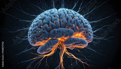 A image of a 3d rendered illustration of a electronic metal human brain with neon growing lightning