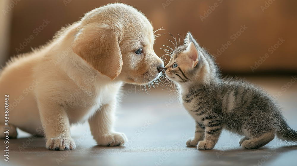 A puppy and kitten nose to nose, expressing curiosity and affection. A puppy and kitten nose to nose, expressing curiosity and affection.