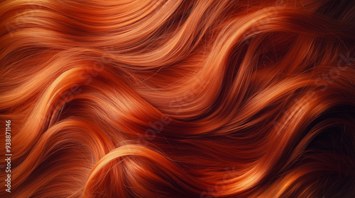 Close-up of vibrant, wavy red hair strands with rich texture.