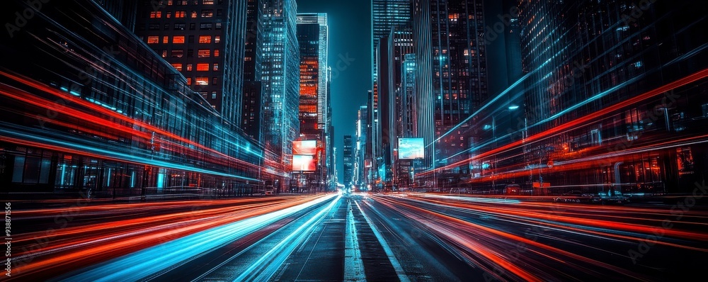 Night cityscape with vibrant light trails speeding through a street between tall skyscrapers. Night cityscape with vibrant light trails speeding through a street between tall skyscrapers.