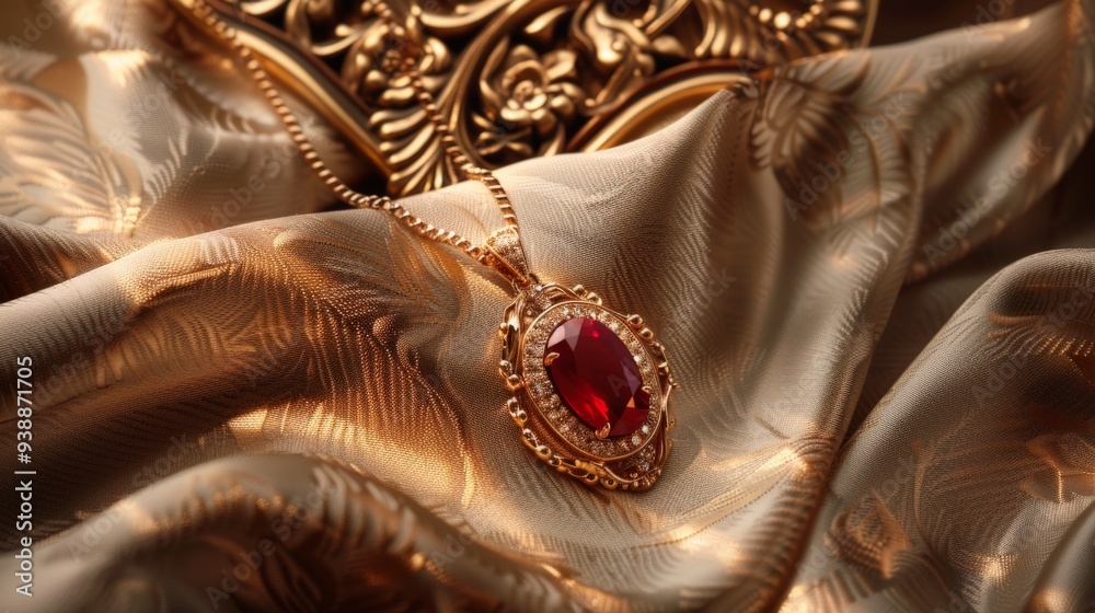 A close-up of a luxurious gold necklace with a red gemstone pendant resting on a soft, golden satin fabric. The ornate design of the pendant and the rich texture of the fabric A close-up of a luxurious gold necklace with a red gemstone pendant resting on a soft, golden satin fabric. The ornate design of the pendant and the rich texture of the fabric