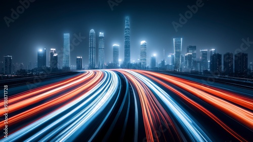 Night cityscape with vibrant light trails speeding through a street between tall skyscrapers.