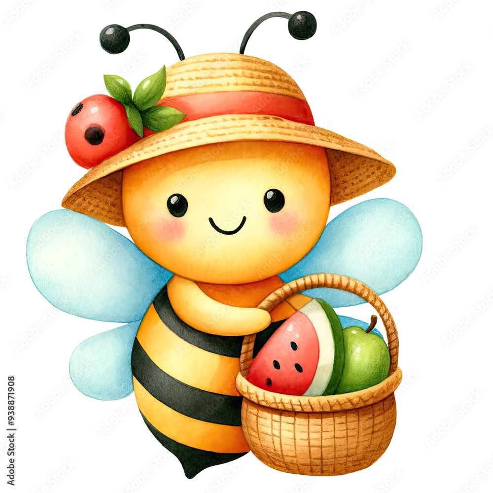 Cute cartoon bee with a straw hat holding a basket of fruit, including watermelon, isolated on a white background. Cute cartoon bee with a straw hat holding a basket of fruit, including watermelon, isolated on a white background.